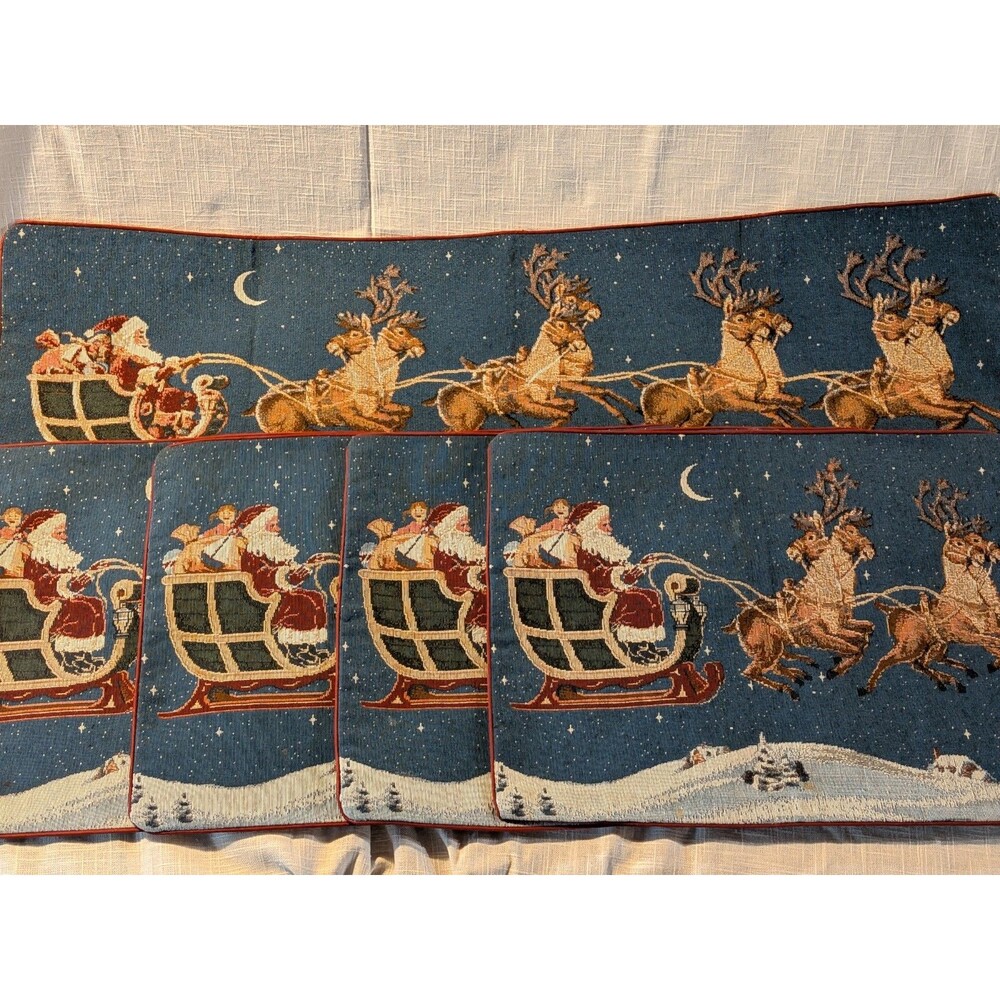 Santa And Reindeer Tapestry Placemat And Table Runner Set Of Five Christmas